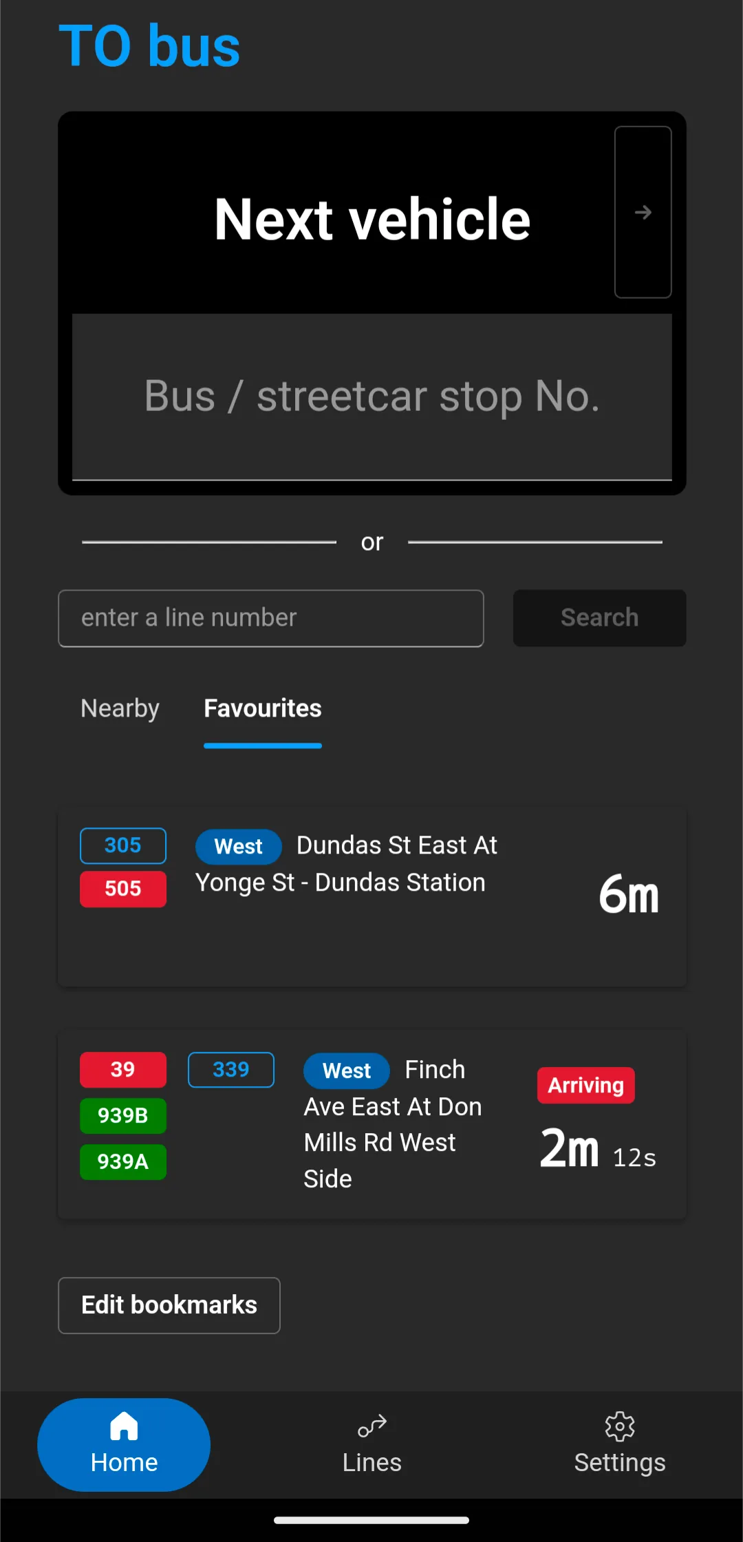 A screenshot of the "tobus app". On the top half of the screen it has a large action button written "next vehicle" and an input field that reads "bus/streetcar stop no.". On the bottom half it has an an input box to search for a line number, a list of favourites, showing the line number, name, and ETA for the next vehicle; followed by a button to edit bookmarks. Lastly a menu bar on the bottom of the screen with three options: home, lines, and settings.